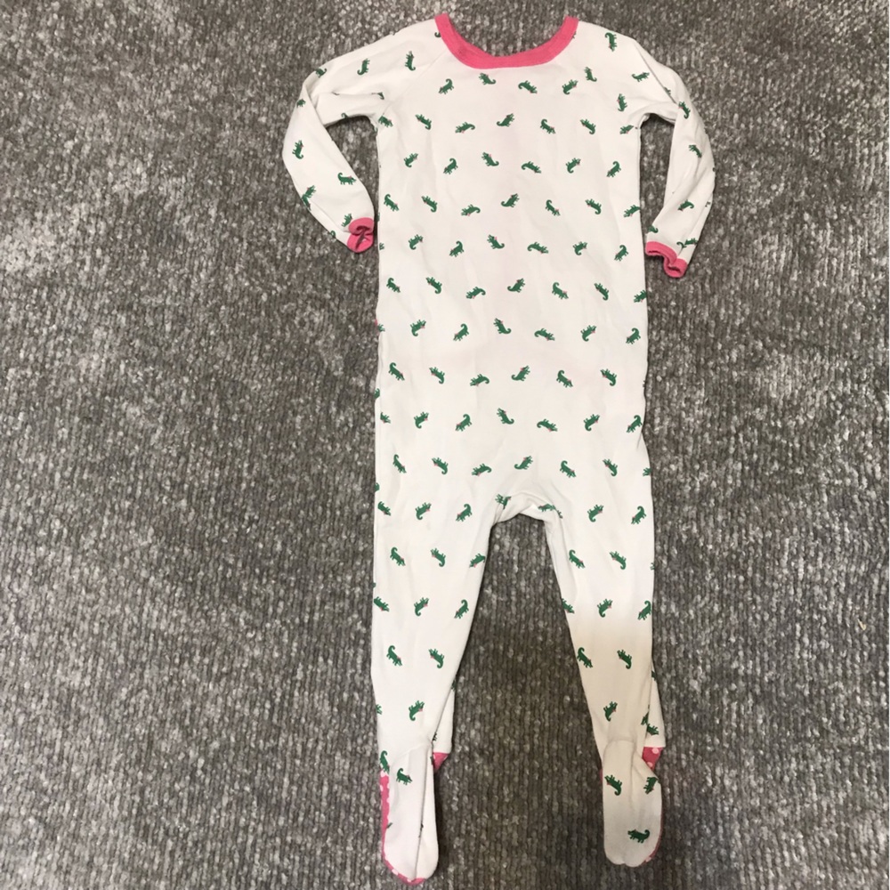 Euc Ollie & Bess alligator print footie pajamas with pink trim and bottom flap